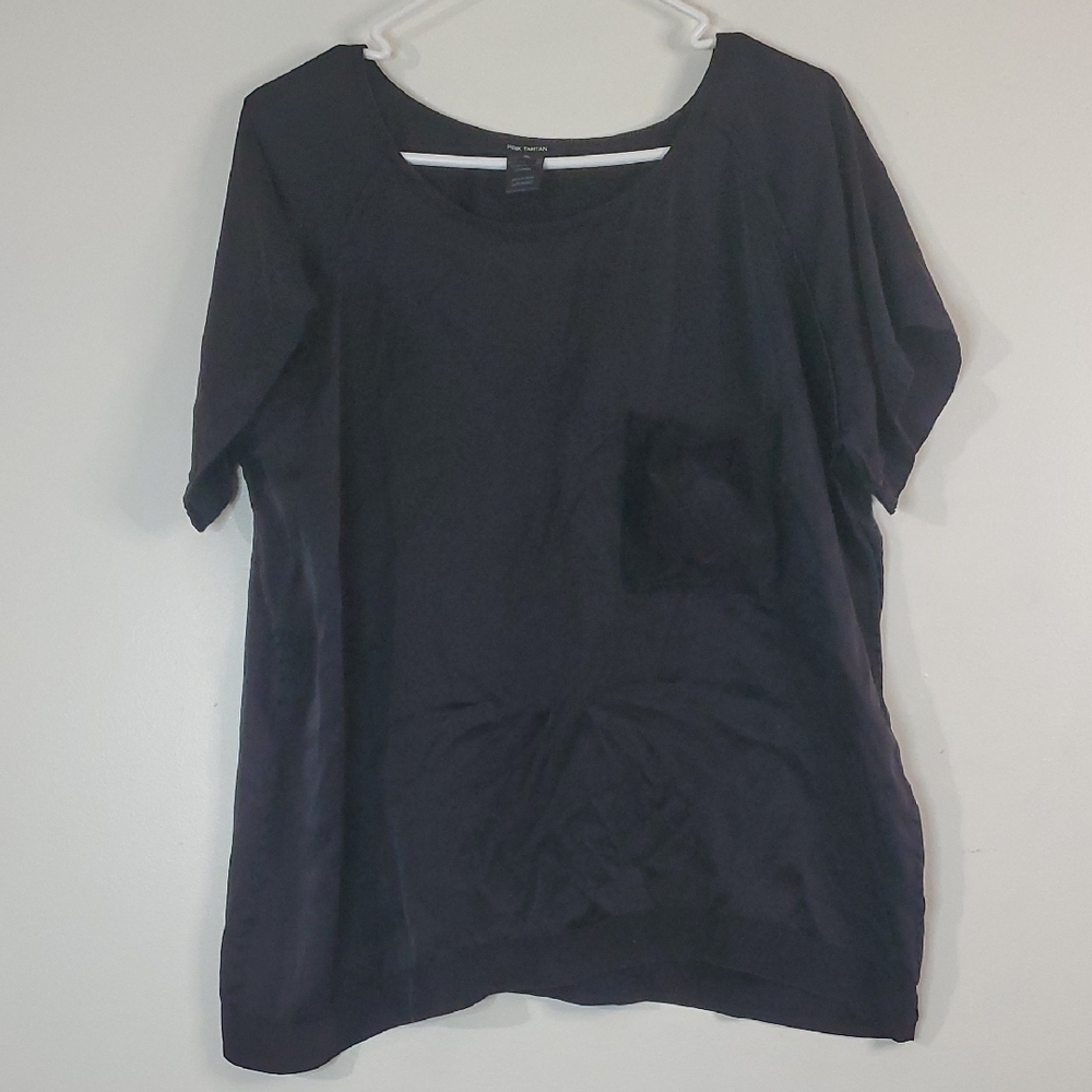 Pink Tartan Black Silk Blouse Top Size XL Chest Pocket Womens